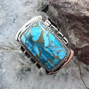 Sterling Silver Southwestern Style Blue Copper Turquoise Bar Ring Sz 8 For Women